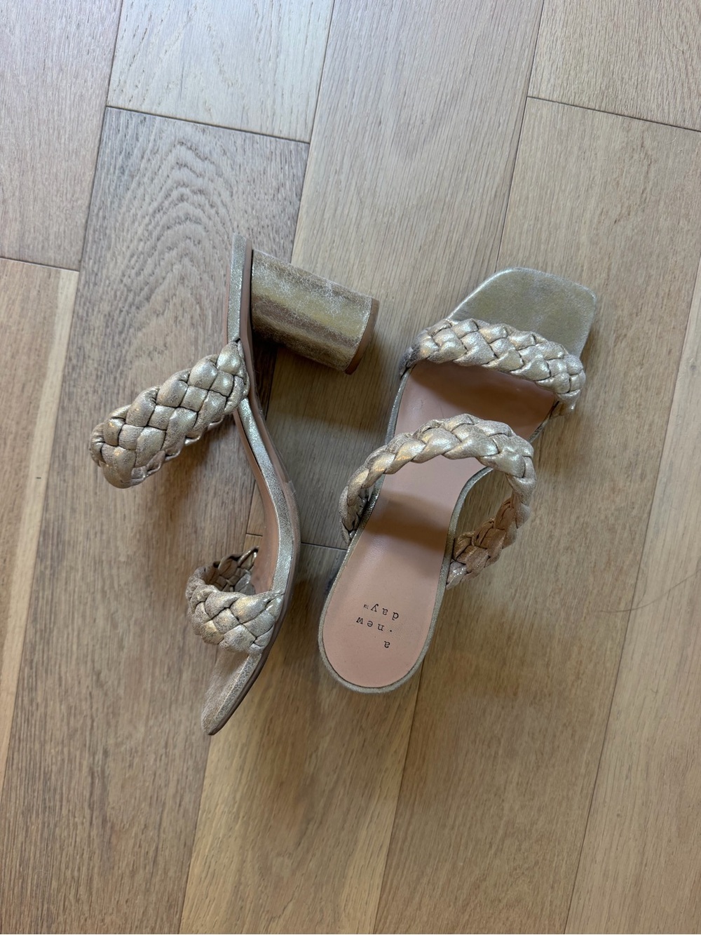Braided Metallic Block Heel Sandals - Gold